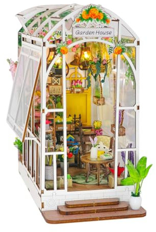 Book Nook Casa Delle Bambole in Legno, Miniatura Fai Da Te, Modello di Casa Puzzle con Luci LED, Casa, Decorazione Scaffale, Regalo Di Vacanza (Serra)