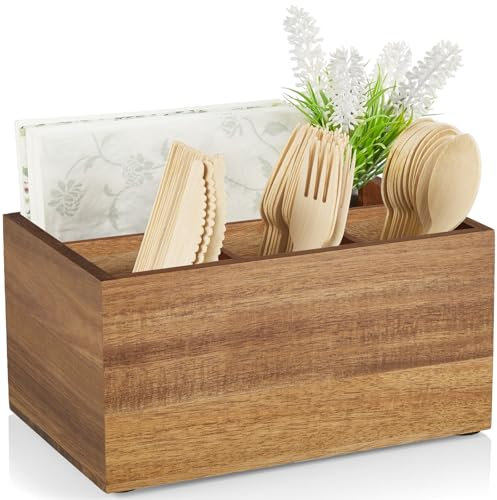 DRASTAR Utensil Holder, Utensil Caddy for Party, Acacia Wood Silverware Caddy, Flatware Organizer Countertop, Cutlery Storage Containers for Kitchen Table