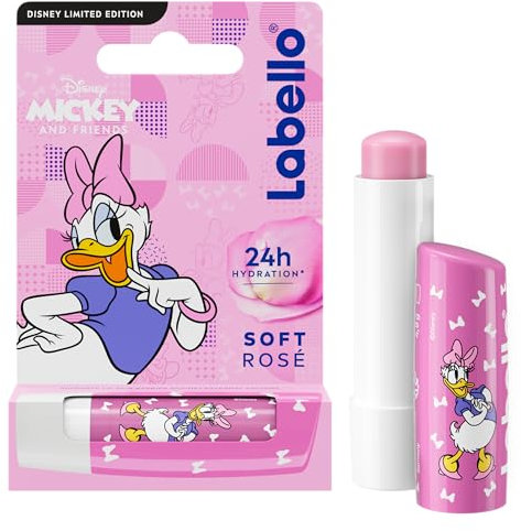 LABELLO Soft Rosé Daisy Duck Limited Edition Disney (1 x 5,5 ml), Feuchtigkeitsspendender Perlmutt-Lippen-Stick für Kinder, pflegender Lippenbalsam mit langanhaltender Feuchtigkeit