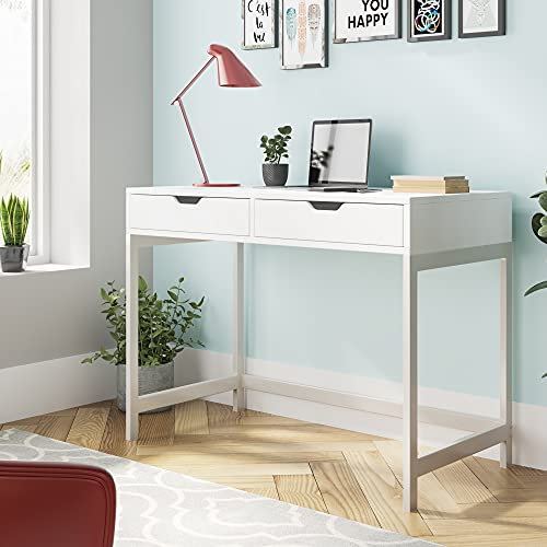 BTM Computer Desk Dressing Table with 2 Drawers, Work Table Home Office Table, White Tabletop & Grey Legs