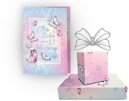 Set XXL A4 Glückwunschkarte zum 10. Geburtstag mit 6 Geschenkpapier-Bögen (A3-Format) Geburtstagskarte Grußkarte Happy Birthday Mädchen Mädels Schmetterlinge Blumen Elegant große Klappkarte