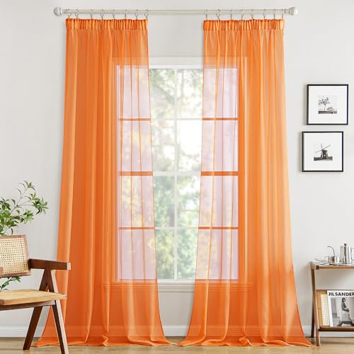 MIULEE Gardinen Vorhänge mit Kräuselband Vorhang Transparente Gardine aus Einfarbig Transparent Sheer Voile Wohnzimmer Luftig Dekoschal für Schlafzimmer 2er Set 260 x 140cm (H x B) Orange