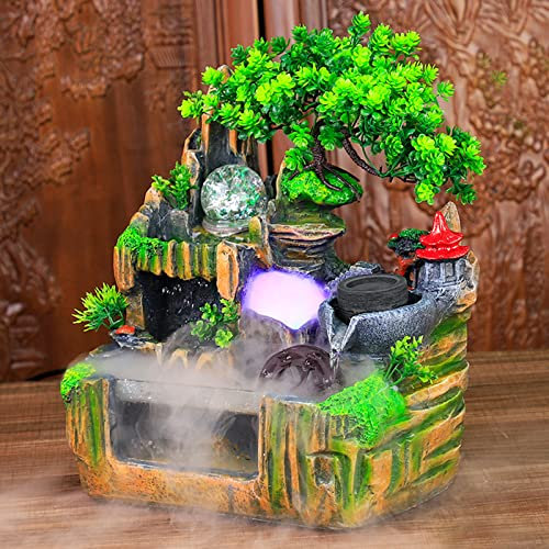 110V Indoor Desktop-Brunnen Wasserfall mit Rockery & LED Bunte Lichter Indoor Entspannung Harz Ornament, kleine Tischplatte Dekoration Brunnen Rockery für Büro, Haus, Schlafzimmer (G)