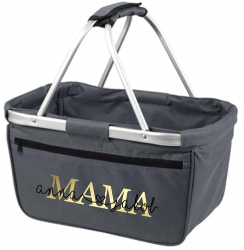 AWASG Einkaufskorb Mama Mom - Personalisiert mit Name - Einkaufstasche faltbar Tragekorb mit Aufdruck - 45 x 25 x 25 cm (grau)