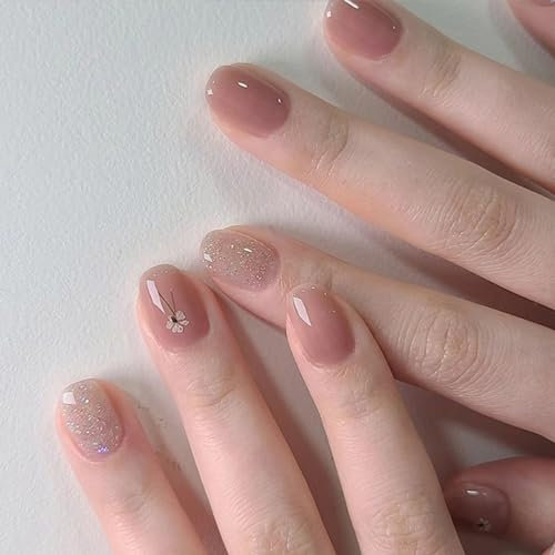 24 Stück Künstliche Nägel Kurze Eckig, Elegante Blumen Kunstnägel Fingernägel zum Aufkleben, Rosa Ballerina Glänzend Acryl Falsche Nägel, Französische Press on Nails für Frauen und Mädchen