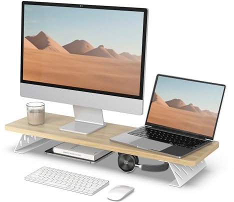 Fenge Monitor Stand Riser for Desk 80cm Large Computer Monitor Stand for 2 Monitors Wooden Desk Organizer Stand for PC, Laptop, Printer, TV Screen Max Load 25KG Oak