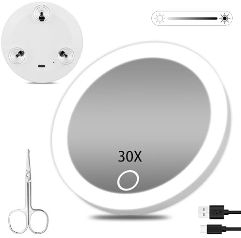 JJhxr 30X Vergrößerungsspiegel mit Licht, 10.16cm Reise Makeup Spiegel mit 3 Saugnäpfen, Makeup Vergrößerungsspiegel mit Licht, einstellbare Dimmung der Lichter