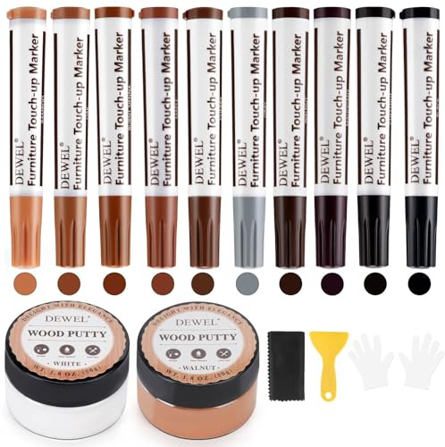 DEWEL Reparatur-Set für Parkett, Holzmarker in 10 Farben, 50 g weißer Holzspachtel + 50 gm Holzspachtel in Nussbaumfarbe zur Reparatur von Problemen mit Holzmöbeln