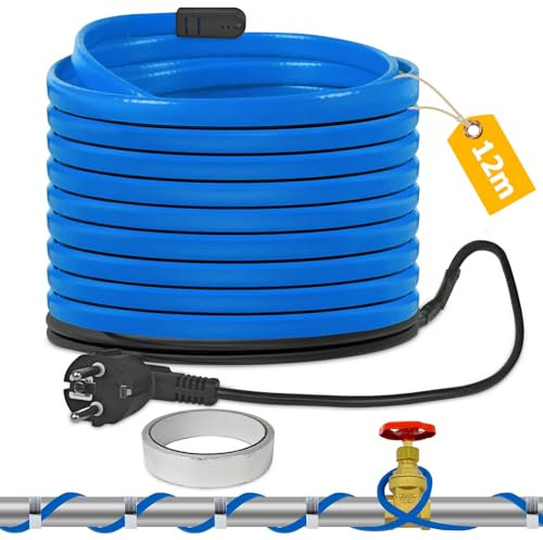 TOFFCAEA 12M Heizkabel mit Thermostat, Frostschutz Heizleitung, 20 W/m Selbstregulierendes Heizband, iP67 Wasserdicht, Zum Schutz Wasserleitungen, Haus, Pool, Teich (12M, Blau)