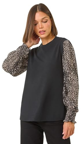 Roman Originals 2 in 1 Print Mesh Sleeve Top for Women UK - Ladies Everyday Autumn Winter Round Neckline Comfy Soft Evening Vacation Work Party Night Out - Black - Size 10