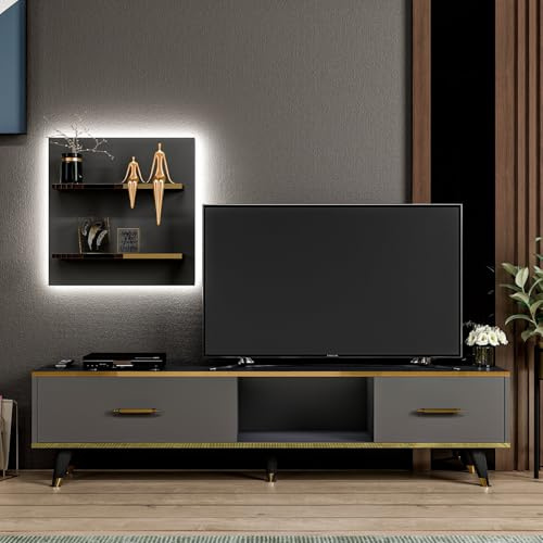 Modern TV Unit with Wall Shelf, Anthracite, 180 cm | 100% Melamine Coated Particle Board, 18 mm Thick | Stylish Design with Numerous Shelves for Home Entertainment