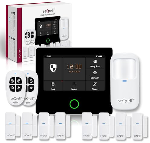 seQrell Sistema di Allarme Domestico sensa Fili, Kit Allarme Casa Senza Fili Compatibile con Alexa e Google, WiFi, GSM 4G, Tuya e Smart Life App, 4,3 Touchscreen e Batteria da 1.500 mAh, SQ4324G