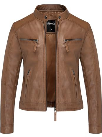 REPUBLIX Damen Echtleder Jacke Biker Zipper Lederjacke RJ-8008 Cognac L