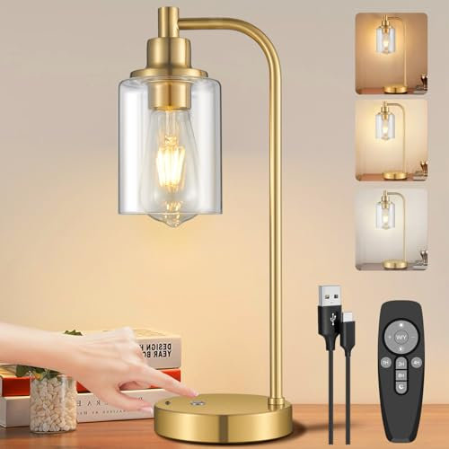 Lampe de Table Sans Fil Rechargeable USB, Lampe de Chevet Tactile avec Télécommande, 8000mAh, Dimmable Lampe de Bureau à Piles avec Abat-Jour Verre, Lampe de Table pour Chambre, Salon, Hôtel, Doré