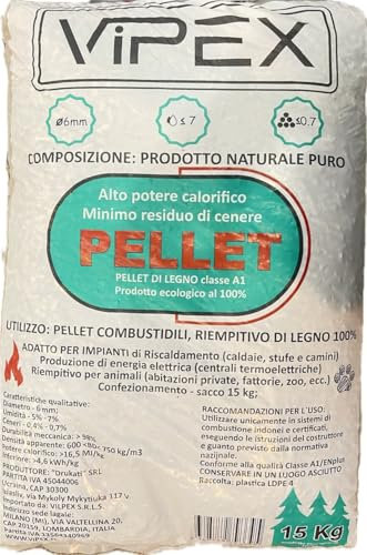 Pellet di Legno Classe A1, 15 kg, 6mm, Potere Calorifico Alto, Minimo Residuo di Cenere