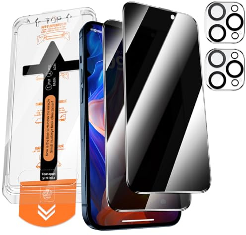 QUESPLE Panzerglas Sichtschutz für iPhone 15 Pro mit Kamera Schutz, [Auto-Installation] Anti-Spähen Full Screen Privatsphäre Schutzfolie, 9H Härte Gehärtetem Glas Displayschutzfolie, 2+2 Stück