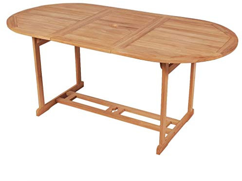 LVHUIDEH Gartentisch mit Sonnenschirmloch, Oval Outdoor Esstisch, wetterfest Terrassenmöbel, Balkontisch für BBQ Catering Party Hinterhof, 180 x 90 x 75 cm, Teak Massivholz