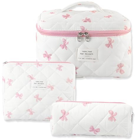 3er Set Kosmetiktasche Damen mit Schleifenmuster - Aesthetic Clean Girl Kulturbeutel Set aus Baumwolle (Groß/Mittel/Klein) für Reise, Alltag, Schule, Waschbar,Stil-A