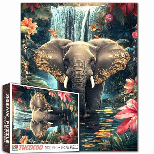 Aihonmin 1000 Teile Elefant im Wasser Puzzle für Erwachsene, Dschungeltier-Puzzle, buntes Puzzle, herausfordernde Familienaktivitäten, buntes Bastelpuzzle für Heimdekoration, Geschenke, 68 x 50 cm