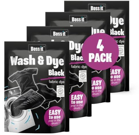Boss it Wash & Dye Black, Intense Black Dye for Clothes - Just Pop in The Drum, Easy to Use Fabric Colour for Washing Machine (4 x 350g)