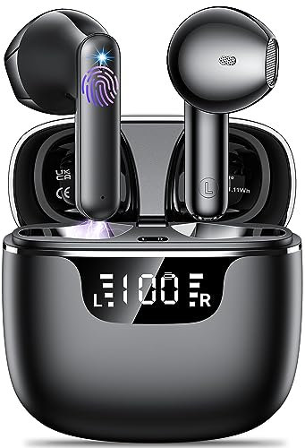 Cuffie Bluetooth, Auricolari Bluetooth 5.4 HiFi Stereo con 4 Mic ENC Cuffie Wireless Mini Cancellazione Rumore LED Cuffiette Senza Fili Sport IPX6 Impermeabile 42 Ore Display USB-C Touch Control Nero