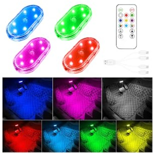4 Stück LED-Innenbeleuchtung für das Auto mit Fernbedienung, 7-farbige Ambientebeleuchtung für den Fahrzeuginnenraum, über USB aufladbare LED-Innenbeleuchtung, tragbare LED-Leuchten für das Auto
