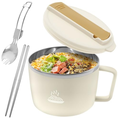 GUIJZSLTRG 1200ml Stainless Steel Noodle Bowl Set Double Hollow Ramen Bowl with Handle and Lid Large Capacity Instant Noodle Cup Salad Box, Kitchen Mixing Bowls, Pasta Bowls for Office/Home/Dorm