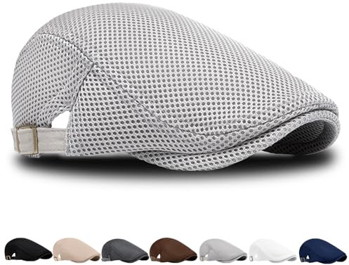 LUKIUP Sommer Barett Herren Netz Schiebermütze, Atmungsaktive Gatsby Barett Cap für Männer und Frauen, Schirmmütze Flatcap Sportmütze, Newsboy Cap Größe 56cm-61cm(Hellgrau)