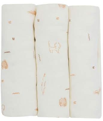 Trois Kilos Sept - 3 Babywindeln aus Musselin, 100% Baumwolle, Motiv Savane, vielseitig einsetzbar, leichte Decke, Stillen, Aufstoßen – 70 x 70 cm