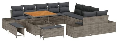 vidaXL Garten-Sofa-Set mit Kissen 13 pcs Grau Poly Rattan, Garten Lounge Set, modulare Rattan Möbel, verstellbare Füße, rechteckige Couch, robuste Sitzgelegenheit für Terrasse