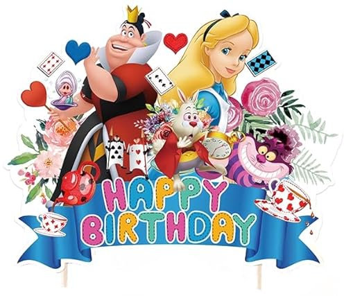 HSC Alice in Wonderland Party Decorations - Alice in Wonderland cake toppers with 4 Characters (Alice, Queen, White Rabbit, Cheshire Cat) - Fairy Cake Toppers for Girl‘s Birthday Party - 1PC