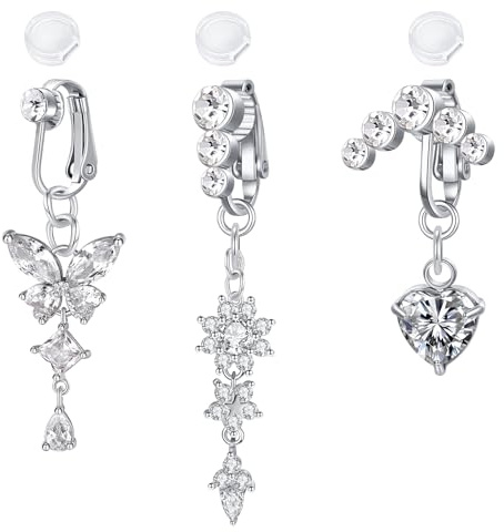 Funseedrr Faux Percing au Nombril Anneaux Clip on Nombril Acier Inoxydable Fake Piercing de Nombril avec Coeur Papillon CZ Dangle Non Percé