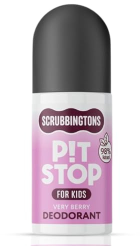Scrubbingtons Pit Stop Kids Natural Deodorant Roll On Very Berry 75ml | 98% Natural Ingredients Formulated for Children and Teens. Paediatrician Approved. Aluminium and Alcohol Free. Made in UK.