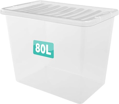 Optimal Products 1 x 80 Litre Clear Plastic Storage Box With Lids UK BRITISH MADE Home Office Stackable Transparent Plastic Boxes, Size 5,11,24,28,35,45,62 Litre