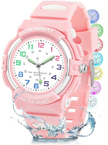 DTKID Montre Enfant Analogique Quartz, 7 Lumières, Étanche 30M
