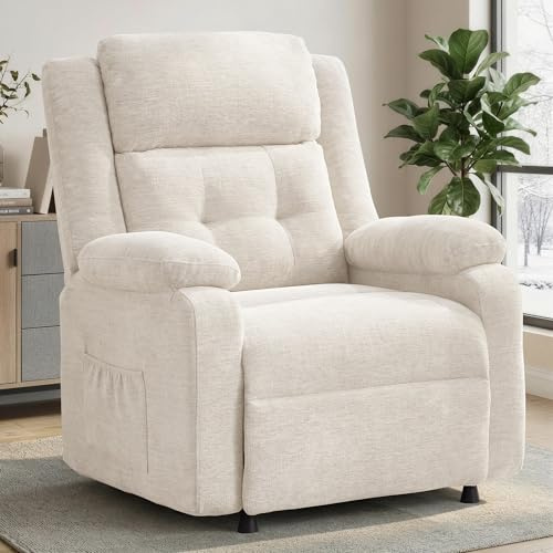 Korser Fernsehsessel Elektrisch Verstellbar für Erwachsene, Oversized Relaxsessel mit Liegefunktion und Dicken Kissen, TV Sessel aus Chenille-Stoff für Wohnzimmer und Schlafzimmer (Beige)