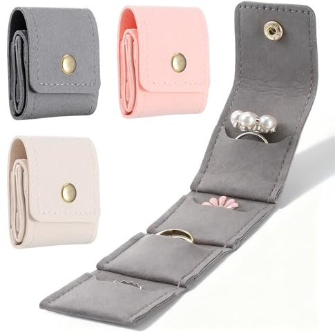 Larrel 3 Stück Mini Reise Schmuckbeutel, Faltbarer Schmuck-Organizer aus Leder Mini Reisetasche Reiseorganizer mit mehreren Fächern mit Schnalle für Ringe, Halsketten, Ohrringe, Schmuckstücke