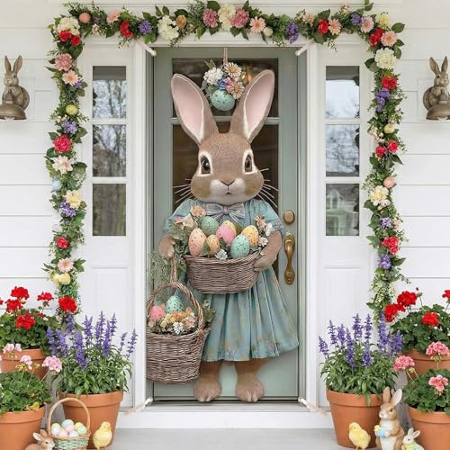 Shyllin Ostern Tür Abdeckung Dekoration,180x90cm,Hängen Easter Banner,Haustür Decke Türabdeckung,Party Frühling Deko, Für Veranden, Osterfeiern, Wanddekorationen und Fotohintergründe(Riesenkaninchen)