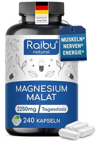 Magnesio Malato 2250 mg al Giorno - 240 Capsule Vegane - 450 mg di Magnesio Elementare - Normale Metabolismo Energetico, Stanchezza e Funzione Muscolare - Elevata Biodisponibilità, Senza Additivi