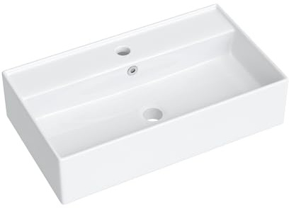 Waschbecken Bad Schmal Eckig 550/310 | Handwaschbecken mit Hahnloch und Überlauf, Badezimmer Waschbecken, Weißes Keramik Waschtisch für Gäste-WC