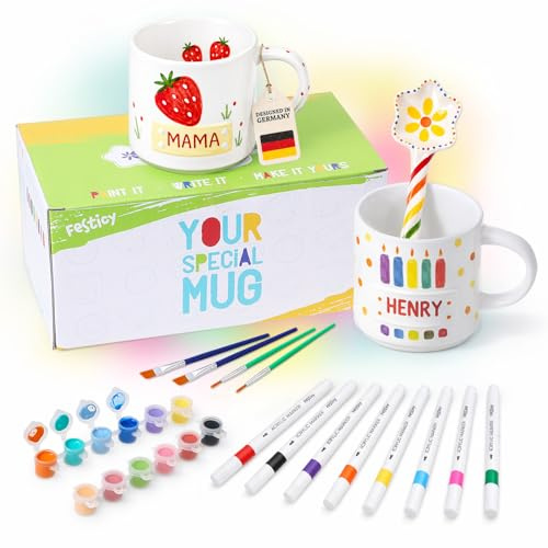 Festicy Kreatives Keramik Bemalen Set I bestehend aus 2 Tassen, Keramiklöffel, 8 Acrylstifte,12 Acrylfarben u. 4 Pinsel I Tassen bemalen Set I DIY Malset für Erwachsene & Teenager
