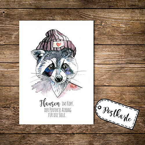 ilka parey wandtattoo-welt® A6 Postkarte Karte Print Waschbär mit Spruch Flausen im Kopf pk04
