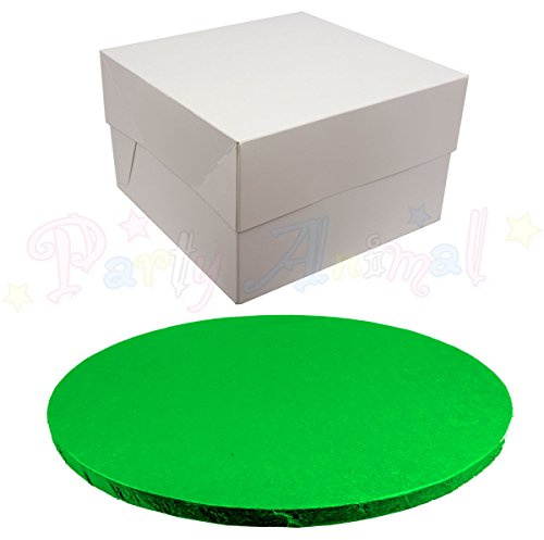 ROUND COLOURED Drum cake BOARD and white transporting BOX (12 Inch, Green)