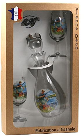 Coffret garni d'une carafe et de 2 verres à vin sérigraphie pêche au coup