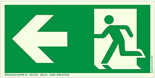 Hochwertiges Notausgangsschild stark langnachleuchtend + Aluminium selbstklebend nachleuchtend SUPER-N - Pfeil Links - Notausgang Schild grün – DIN 67510 / ISO 7010 (300 x 150 mm)