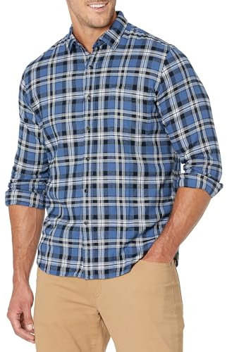 Amazon Essentials Men's Slim-Fit Long-Sleeved Button-Down Plaid Flannel Shirt, Black Blue Plaid, M