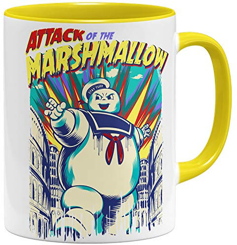OM3® Ghost Marshmallow Attack Kaffee-Tasse mit Retro Motiv - Comic Style - Keramik Becher - 325ml - Beidseitig Bedruckt - Gelb