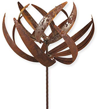 Metall Windrad 'Lotus' - massives Windspiel Windmühle für den Garten - wetterfest und standfest - mit besten Kugellagern - aus Vollmetall mit Edelrost-Patina – Höhe 221 cm