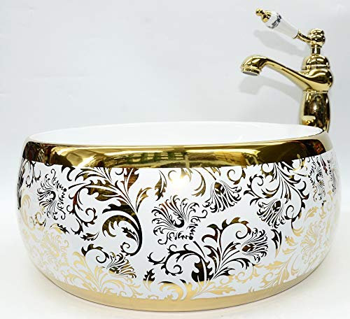 Gold Vintage Paisley Floral Patterned Bathroom Cloakroom Round Ceramic Porcelain Counter Top Kasbah White Wash Basin Sink Washing Bowl 390 X 155 mm