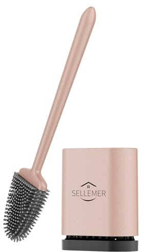 Sellemer Toilet Brush and Holder Set - Flexible Toilet Bowl Brush Head with Silicone Bristles, Compact Size for Storage and Organization, Ventilation Slots Base (1 Pack, Rose Gold)